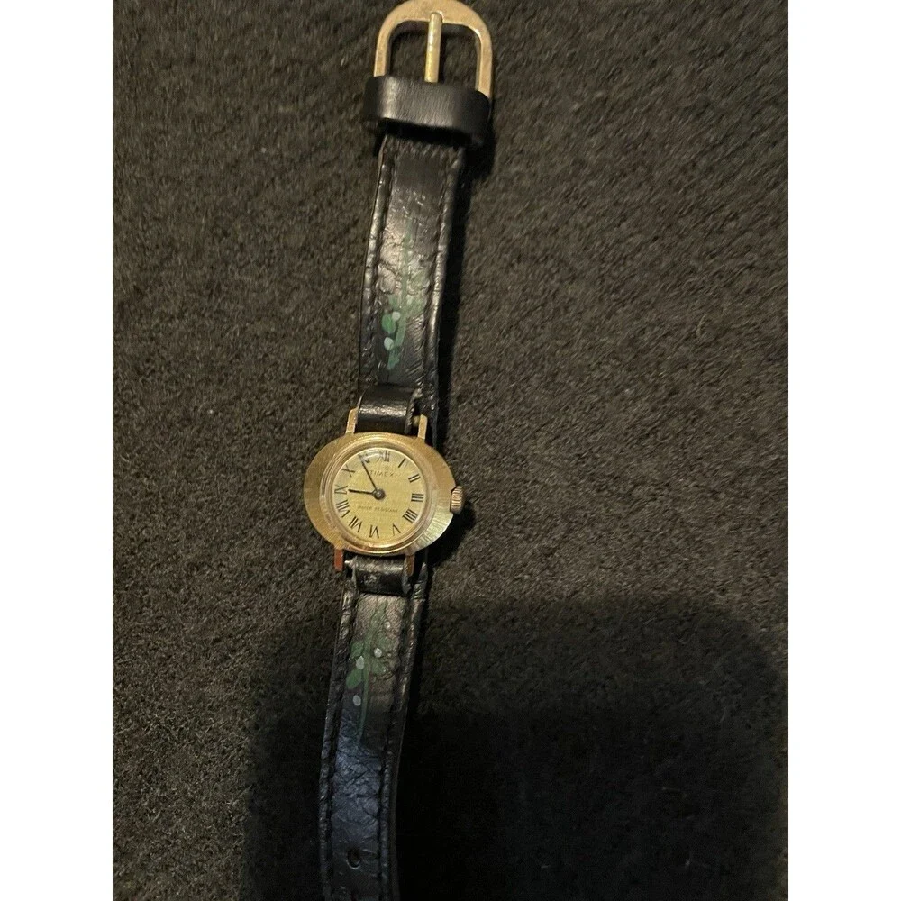 1974 TIMEX Mechanical Watch Gold Tone Roman Dial OOAK Hand Painted Leather Band